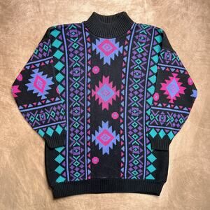 Vintage 80s Southwestern Aztec Tribal Knit Sweater Black Multicolor Mock Neck
